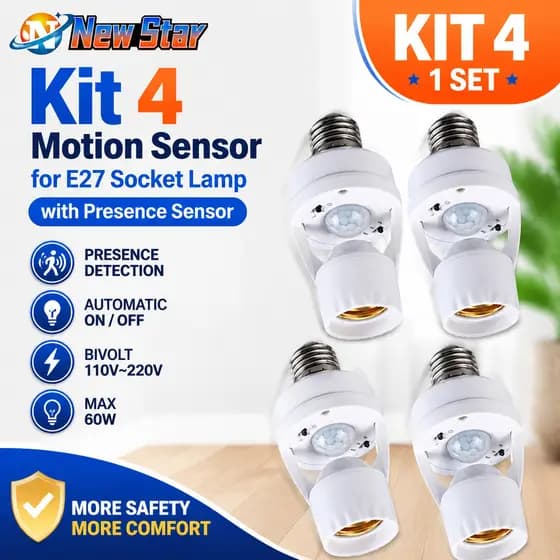 KIT4 Sensor de Movimento para lâmpada Soquete E27 c/ sensor de presença Bivolt 110V~220V Max 60W