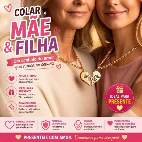 Colar Duplo Mãe e Filha Coração Partido folheado | Presente Dia das Mães