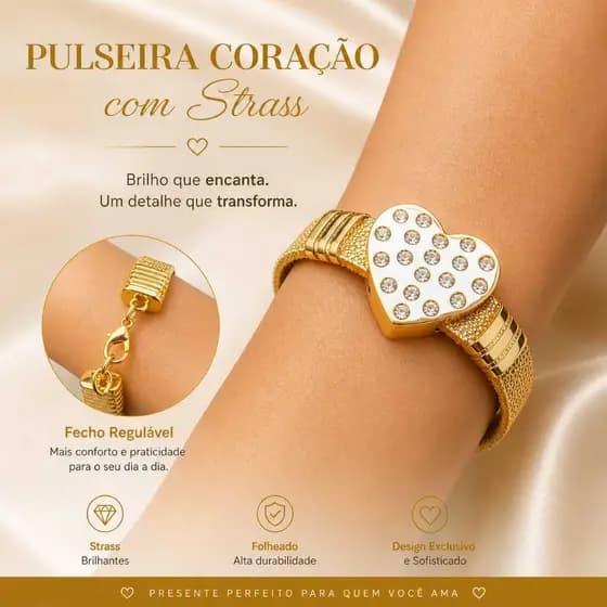 Pulseira Feminina Coração com Strass Folheada | Pulseira Ajustável Luxo Elegante | Presente Romântico Delicado