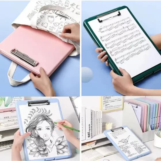 Uma prancheta com pasta para guardar documentos é essencial para armazenar e organizar papéis.