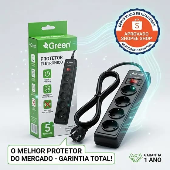 Filtro de Linha Protetor Eletrônico 5 Tomadas Green Chave Inteligente Bivolt Cabo 1m Para TV PC Extensão Elétrica Profis