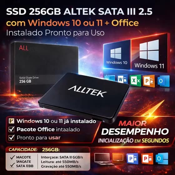 SSD 256GB ALTEK SATA III 2.5 com Windows 10 ou 11 + Office Instalado Pronto para Uso