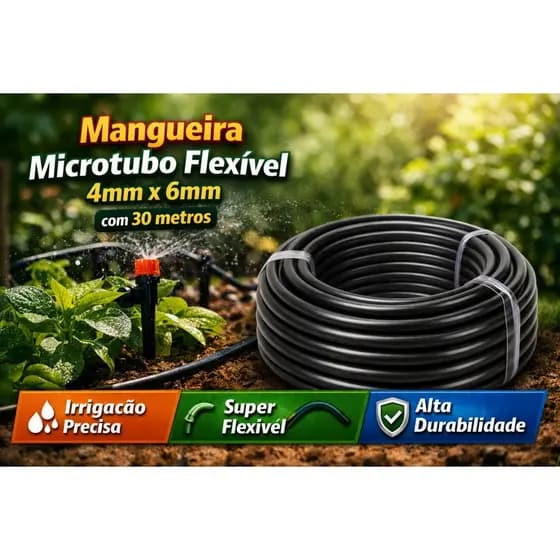 Mangueira PVC Preta 6mm X 4mm Microtubo Irrigação Gotejamento - Mangueira 30 Metros Preto