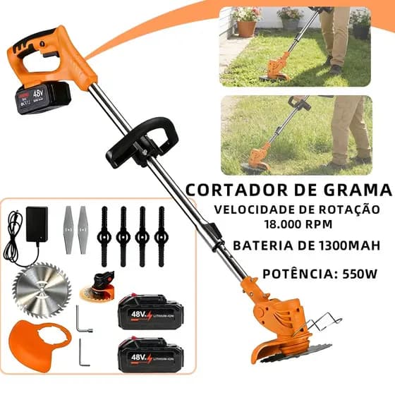 Cortador de Grama Sem Fio 21V, Potente com 2 Baterias Recarregáveis, Robusto e Durável