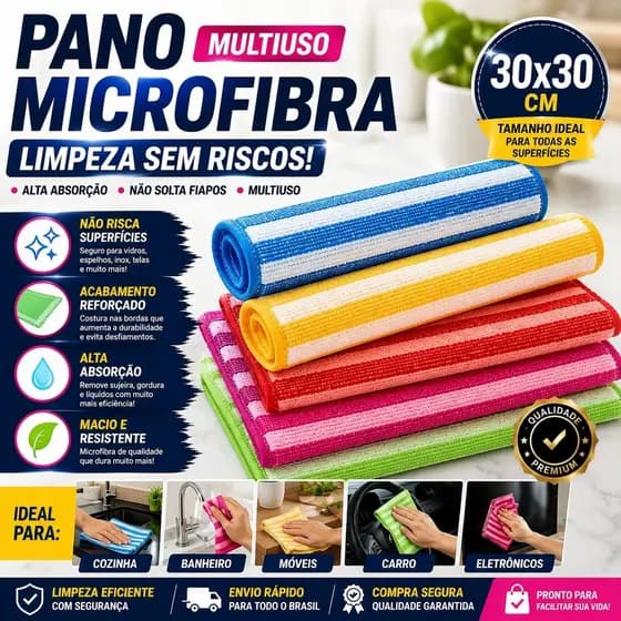 Kit 5Panos Microfibra 30x30 Multiuso Limpa Vidros Pia Cozinha Alta Absorção NãoRisca Sem Fiapos Automotivo Profissional