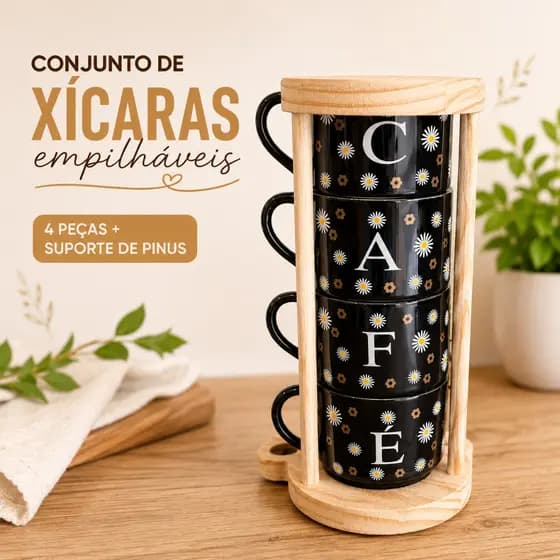 Conjunto 4 Xicaras Porcelana Cantinho Cafe Suporte Madeira Pinus Chá Decoração Cozinha