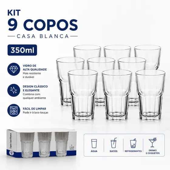 Kit 6, 9 ou 12 Copos de Vidro 350ml Transparente Água Suco Refrigerante Drinks