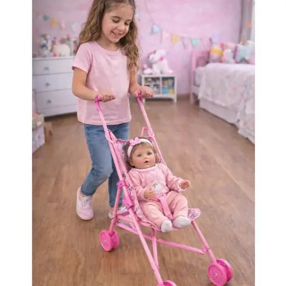 Carrinho de Boneca Rosa Dobrável Infantil – Leve e Fácil de Guardar