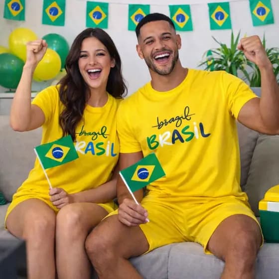 Kit Pijama Casal Brasil Torcida Copa Manga Curta e Short Malha Verão Promoção