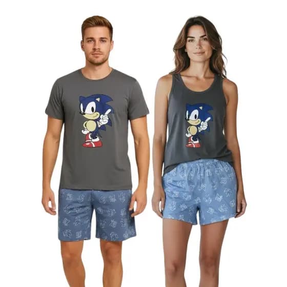 Kit Casal Pijama Malha Premium Personagens – Feminino Regata + Short e Masculino Manga Curta + Short Confortável Oferta