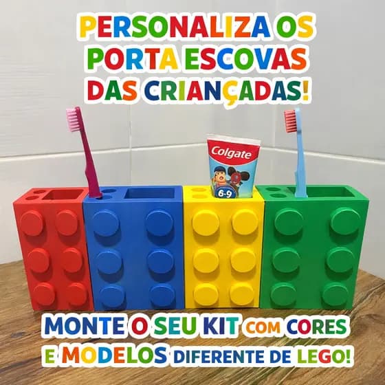 Porta Escova e Pasta Infantil Tipo Lego | Organizador Banheiro | Monte Seu Kit Brinquedos infantil organização banheiro