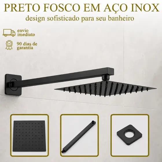 Chuveiro Preto Ducha Aço Inox 304 Articulado Quadrado 20X20 Slim Banheiro Piscina Externa
