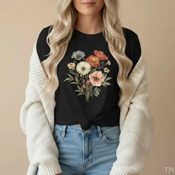 Camiseta Feminina Delicada Casual Estampa Flores Blusinha T-shirt Algodão Malha Respirável