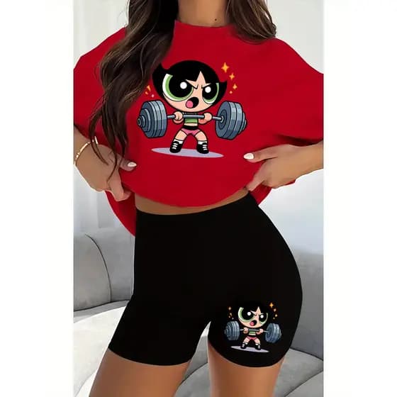 Conjunto Feminino de 2 Peças - Camiseta de Manga Curta com Estampa e Shorts Pretos