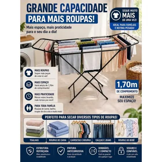 Varal De Chão Reforçado Com Abas Portátil Para Apartamento Resistente Branco e Preto 1,70 m