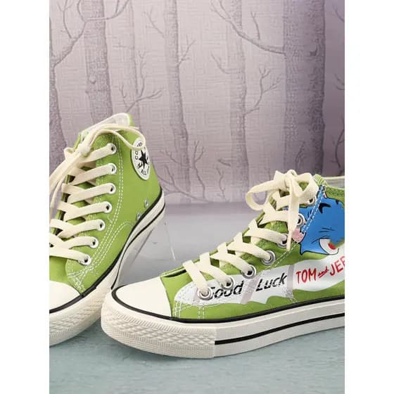 PP Lace-Up Color-Blocking Canvas Shoes Mid-Top Sapatos Femininos Estilo Preppy Tênis Casuais Botas Curtas Sapatos de Bis