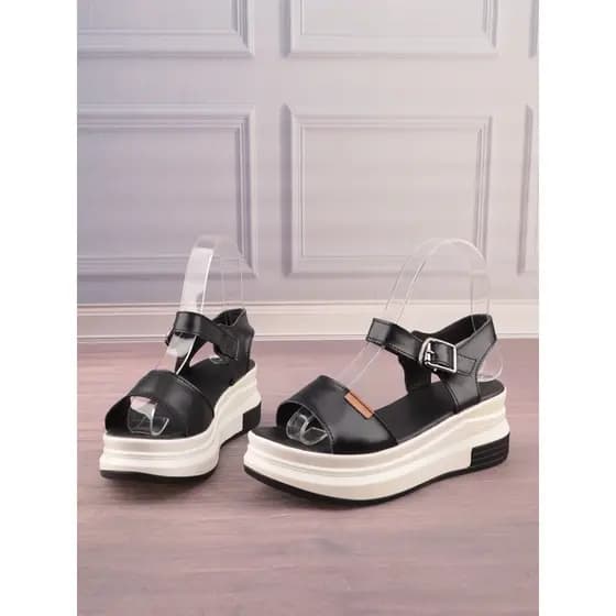 Duas camadas de couro genuíno cor combinando sola de balanço aumentando sapatos femininos simples casuais dedo do pé abe