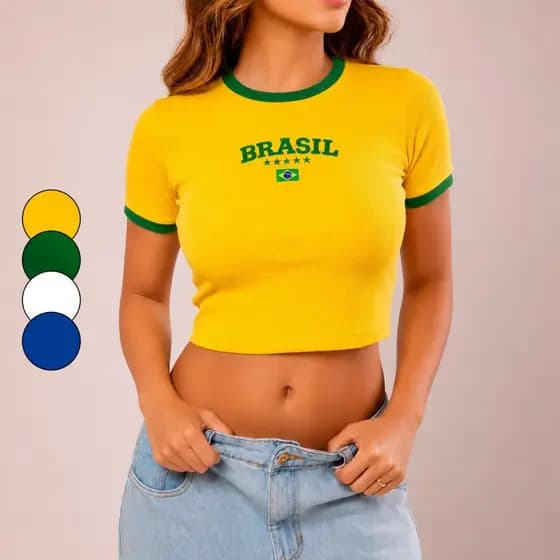 Cropped do Brasil Feminina Ribana Canelada Bordada Sem Bojo Copa do Mundo Verão Praia Blusinha