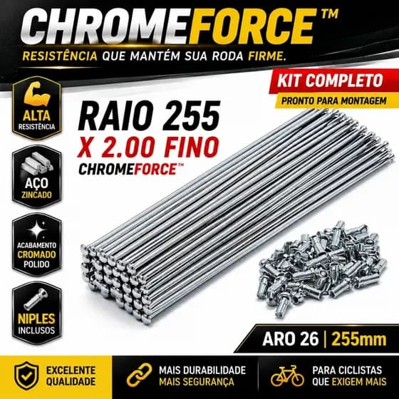 Kit Raios Bicicleta Aro 26 255mm X 2.00 Fino Com Niples Aço Zincado Cromado Resistente ChromeForce™