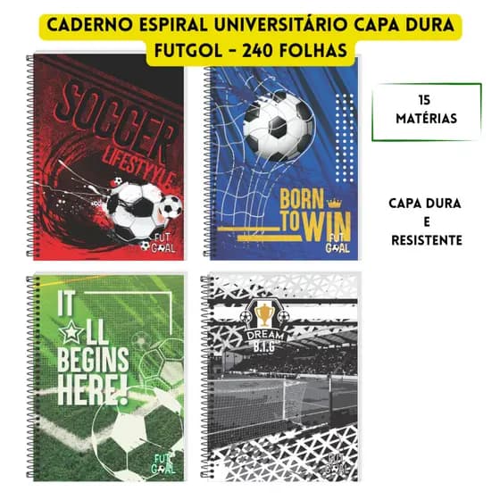 Caderno Espiral Universitário 240 Folhas 15 Matérias Adesivos+Bolsa Plástica FutGoal 3B Cadernos