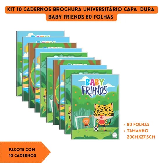 Kit 10 Cadernos Brochura Universitário Capa Dura 80 Folhas Baby Friends Volta as Aulas 3B Cadernos