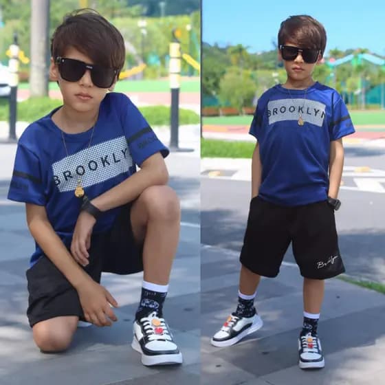 Conjunto Infantil Masculino Dry Fit Camiseta + Bermuda Leve, Fresquinho, do 4 ao 14