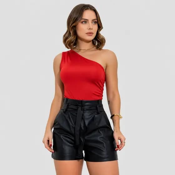 Body Plissado Feminino Um Ombro Só Suplex Premium Sofisticado Elegante