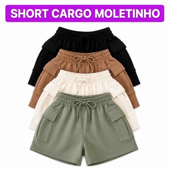 Short Cargo Feminino Moletom Moletinho Premium luxo Soltinho Confortável Algodão Casual Verão Tendencia 2027