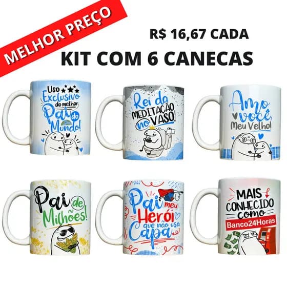Canecas Dia dos Pais Flork Atacado de Porcelana Kit 6 unidades Ideal para Cestas Presentes Lembrancinha Xícara