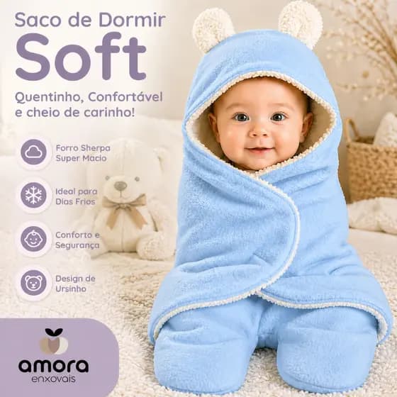 Saco de Dormir Bebê Soft Manta Sherpa Quentinho Inverno Com Velcro Ajustável