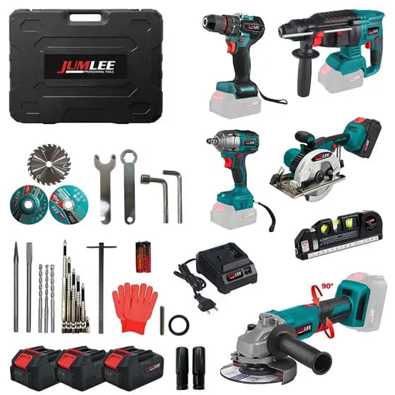 Kit Completo 76 Peças Ferramentas Sem Fio Brushless JUMLEE 48V - 6 Ferramentas + Nível de Bolha, 3 Baterias e Maleta BMC