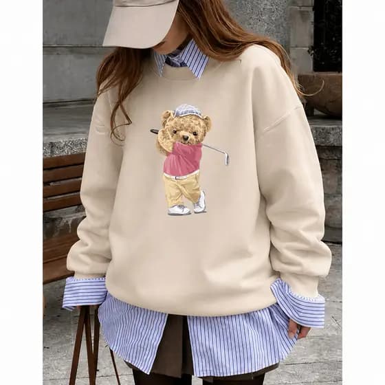 Moletom Feminino Algodão Flanelado Sem Capuz Urso Bear Golfe Blusa De Frio Casual Blogueira Casaco