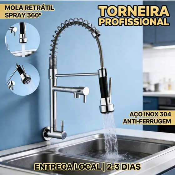 Torneira de Cozinha Embutida na Parede com Mola Retrátil Cromado Duas Saídas Independentes 360° Válvula Cerâmica