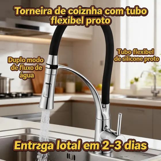 Torneira de Cozinha com Tubo Flexível Preto, Bico Retrátil 360°, Duplo Modo de Água, Acabamento Cromado Resistente