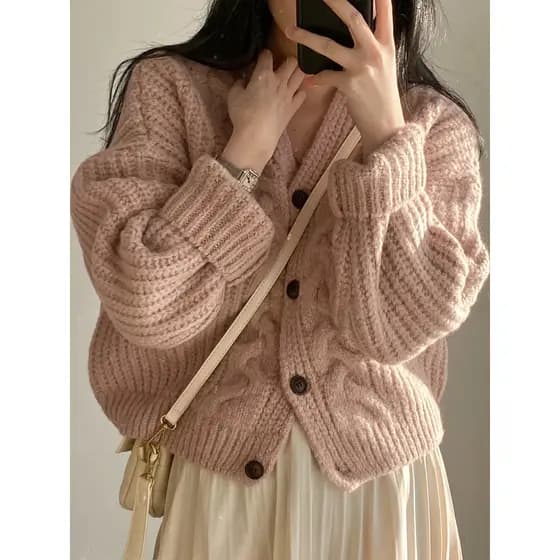 Japonês Retro rosa torção malha Cardigan feminino outono inverno curto engrossado topo estilo preguiçoso macio ceroso ca