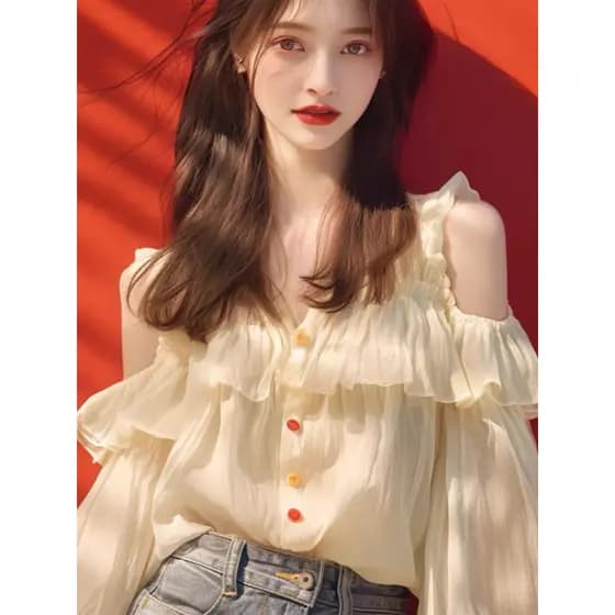 Damasco babados Chiffon camisa feminina primavera francês fora do ombro Design sentir Super bonito camisa pequena manga