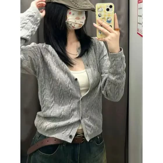 SUMU · Laurent Estilo Botão Flor Gola Redonda Cardigan de Malha Suéter de Manga Comprida Jaqueta Camisa de Ar Condiciona
