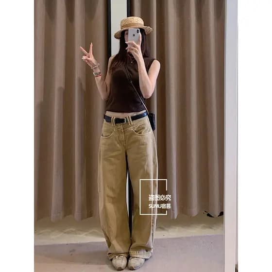 SUMU Su Mu · Americano Casual estilo registro cintura baixa Jeans solto macacão de perna larga feminino8197215
