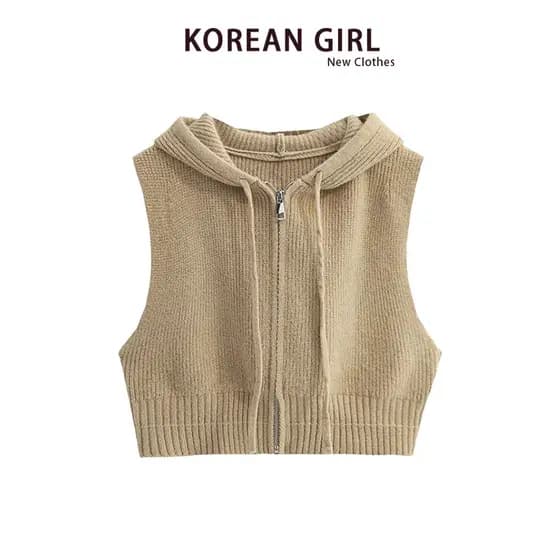 Retro com capuz colete de malha Cardigan feminino início da primavera novo estilo curto exterior usar sem mangas camisol