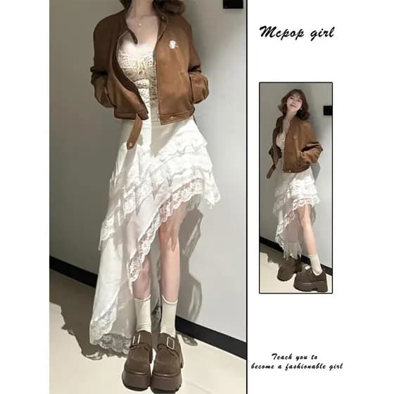 Saia de renda branca de comprimento médio feminina primavera novo estilo saia de bolo Irregular Design sensação temperam