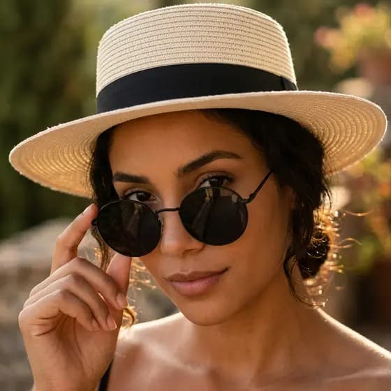 Kit Chapéu Aba Média Paris + Óculos Redondo MD-26 UV400 Unissex Estilo Praia Casual Proteção Solar