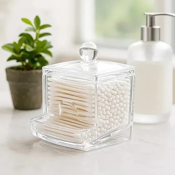 Dispenser Porta Cotonete Acrílico Transparente Tampa Organizador Maquiagem Algodão Hastes Cotonetes