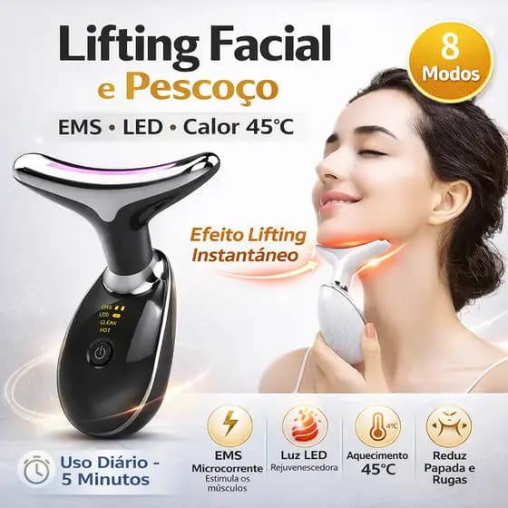 Aparelho Massageador Facial EMS para Rosto e Pescoço Luz LED Reduz Rugas Papada Lifting Facial