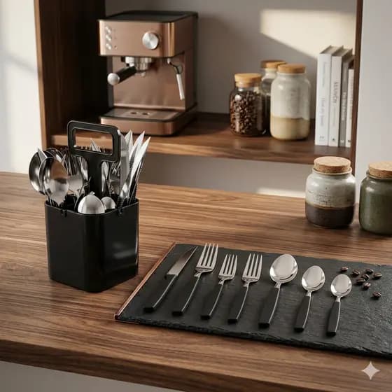 Conjunto Talheres Verona 25 Pecas Preto Aco Inox Lavavel Design Moderno Resistente Com Suporte