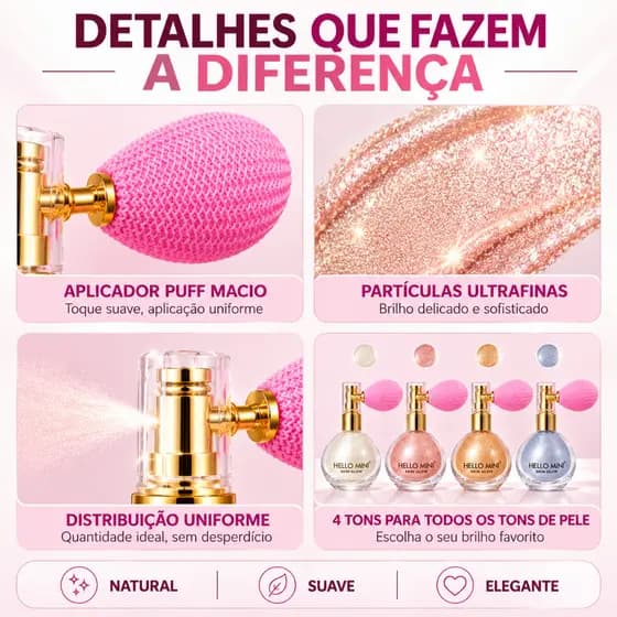 Spray para iluminador com Airbag em pó glitter Alta Brilho, para maquiagem facial e corpo