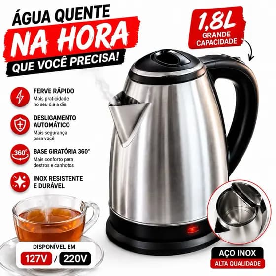 CHALEIRA ELÉTRICA INOX 1,8L 127V ou 220V Com Base Giratória - PRATA OU VERMELHA
