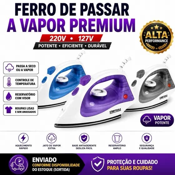 FERRO DE PASSAR ROUPA A Vapor Premium ou À SECO Soft 220V ou 127V 1500W Com Led Indicativo