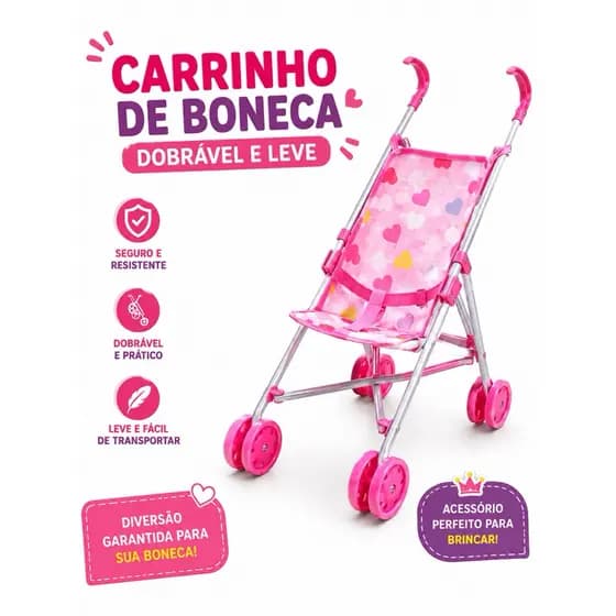 CARRINHO de BONECA Infantil Dobrável Menina ROSA Passeio Leve Resistente Presente
