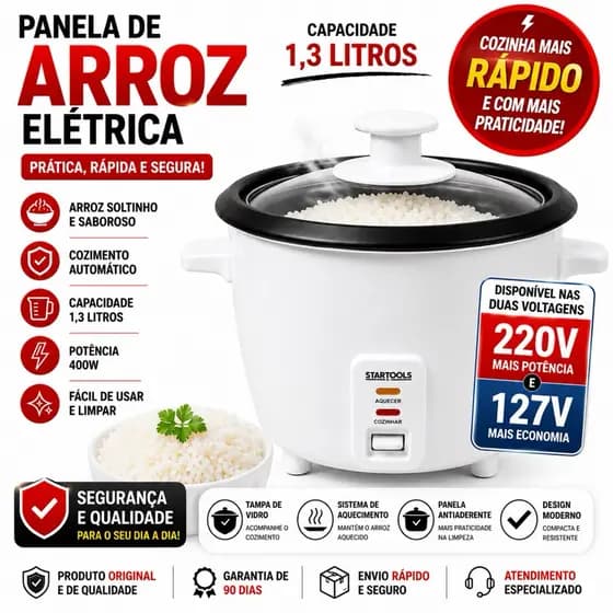PANELA DE ARROZ ELÉTRICA 1L ou 1,3L 220v I 127v Automática Antiaderente Resistente BRANCA ou PRETA
