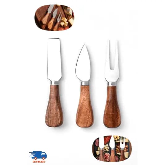 Conjunto Utensílios Com 3 Peças Inox e Cabo em Madeira Para Petiscos Como Queijos e Frios Multiuso